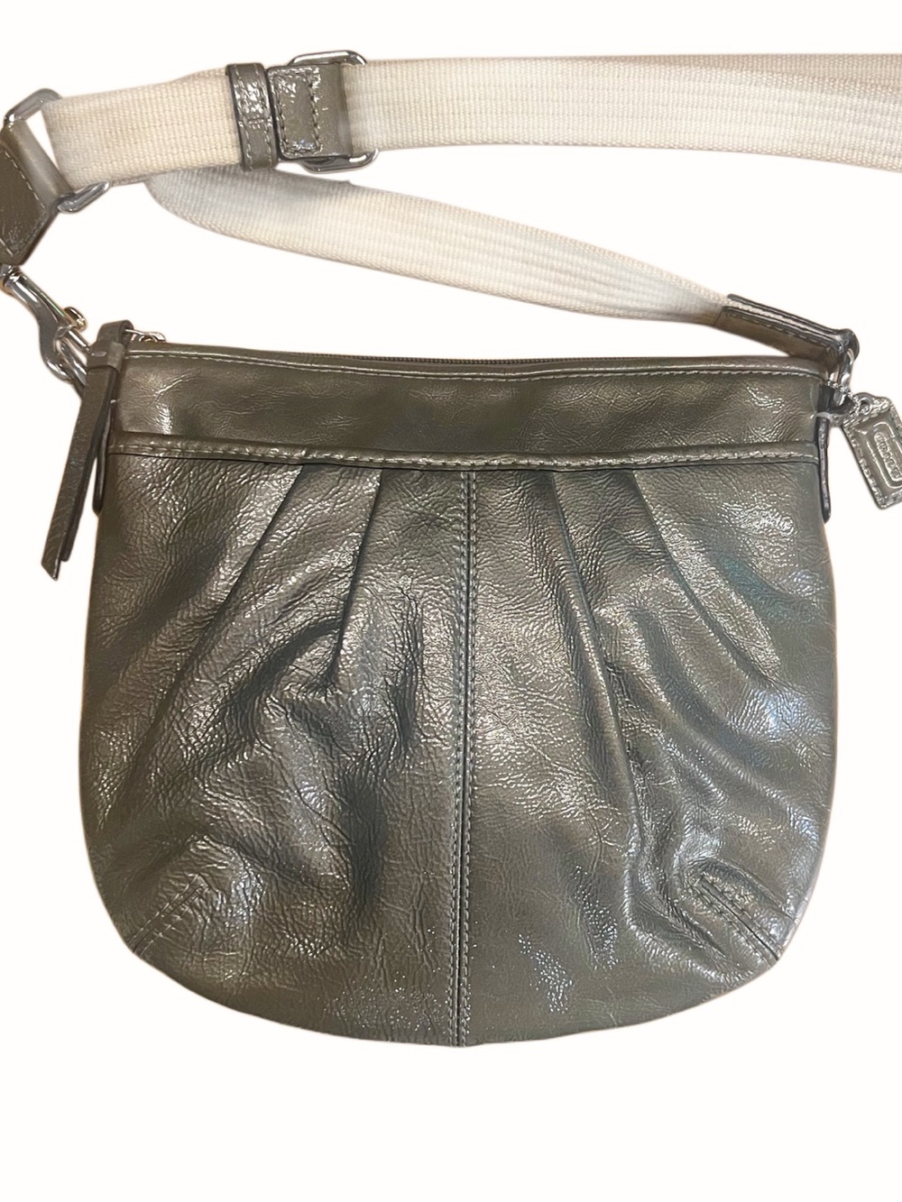 Coach and Small Metallic Gray Leather Crossbody, Ivory Canvas Adjustable trap